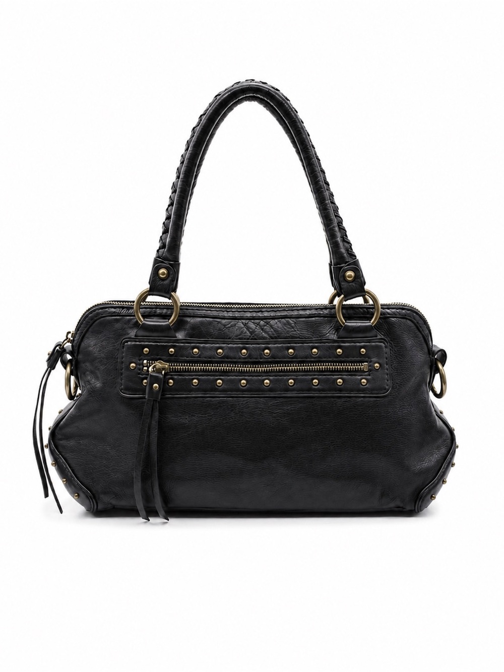 Michael Kors Black Pebbled Leather Studded Shoulder Satchel Fringe Zip